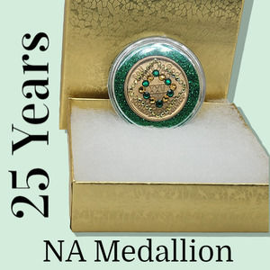 NA Narcotics Anonymous 25 years bronze medallion modified w/ green & gold gems!